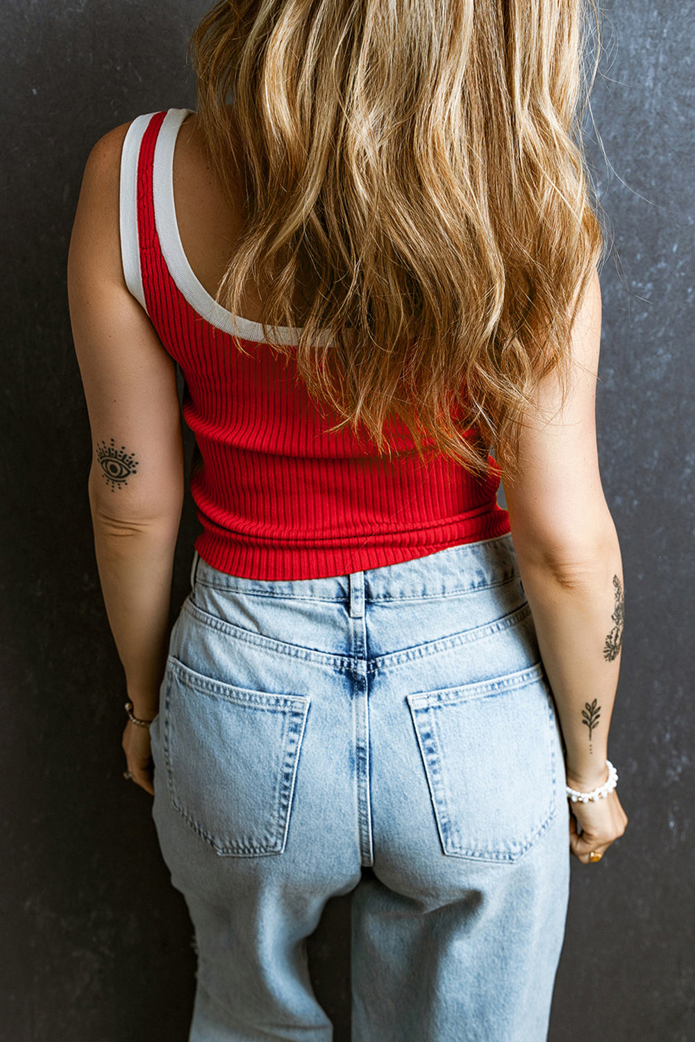 Red Colorblock Edge Ribbed Knit U Neck Tank Top