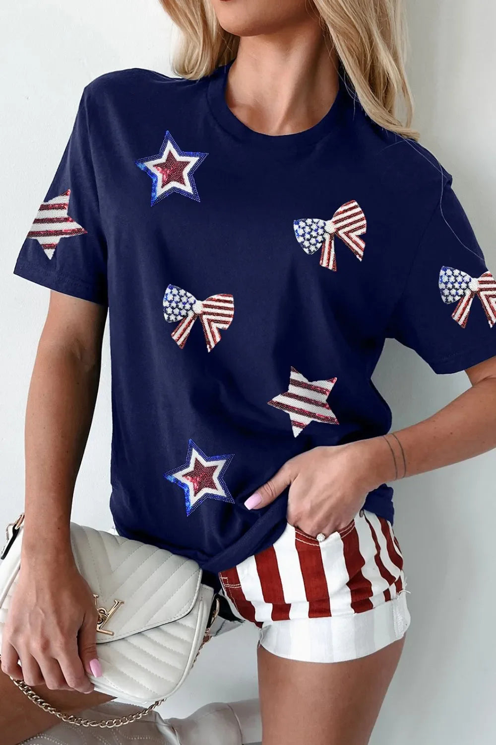 Sequin Star Round Neck Short Sleeve T-Shirt Bazaare Mart Sequin Star Round Neck Short Sleeve T-Shirt
