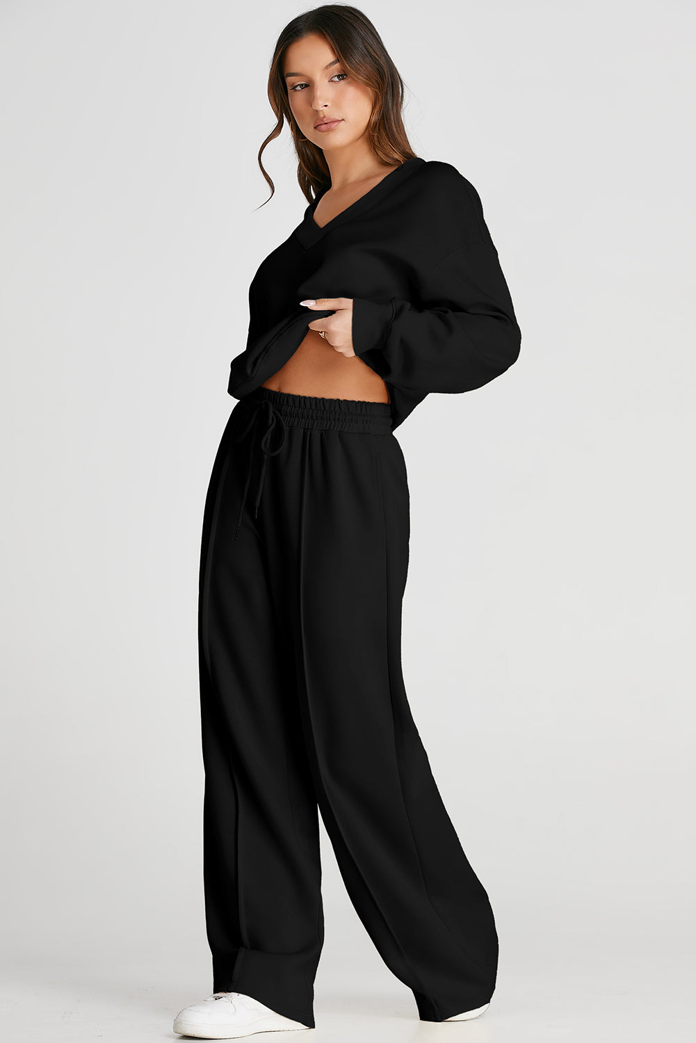Black V Neck High Waist Pants Set
