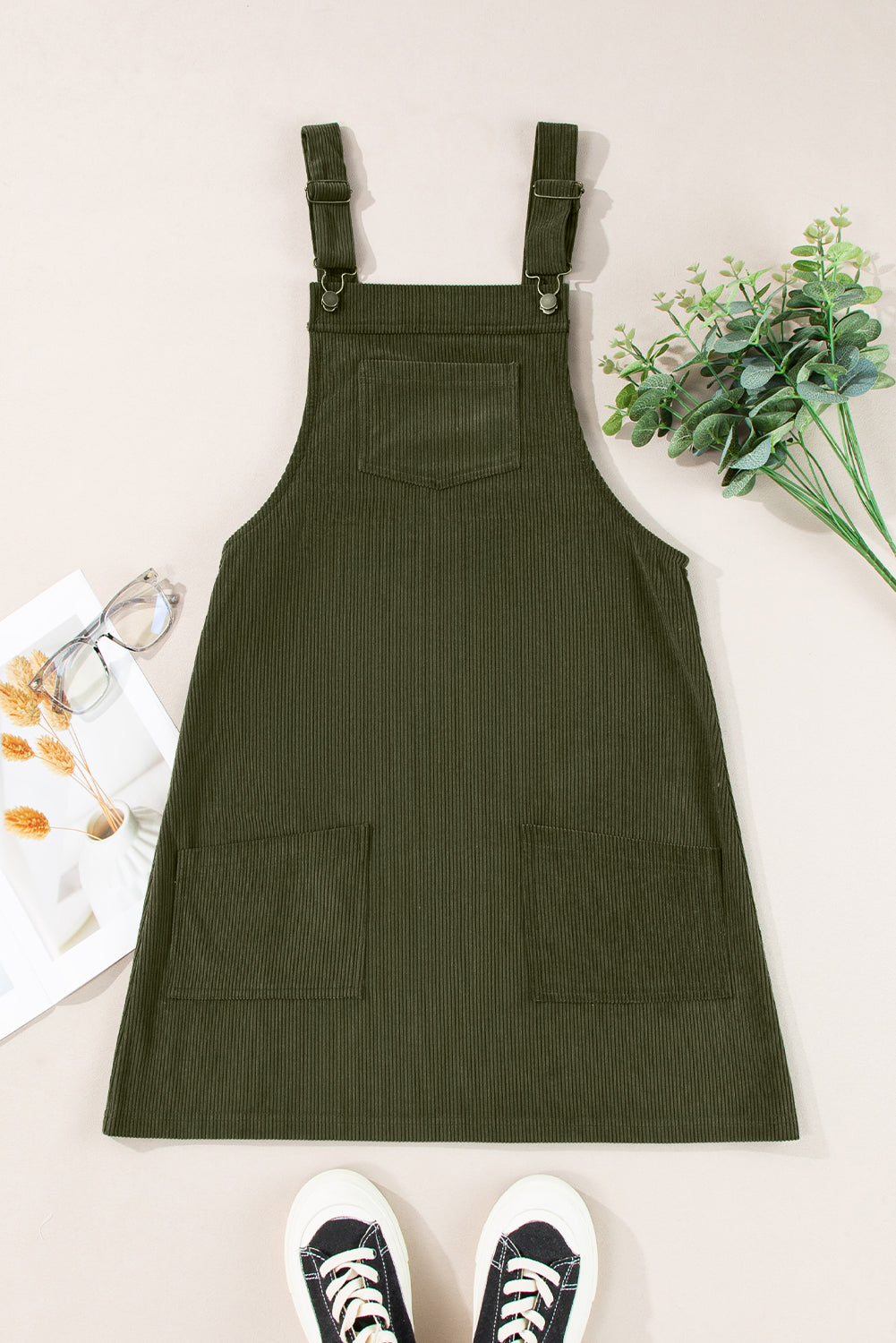 Army Green Corduroy Overall Dress