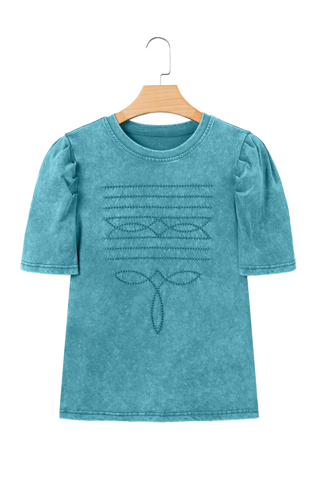 Turquoise Western Embroidered Cotton Tee – Mineral Wash Puff Sleeve Cowboy Top Dear-Lover Dropshipping Tops/Tops & Tees