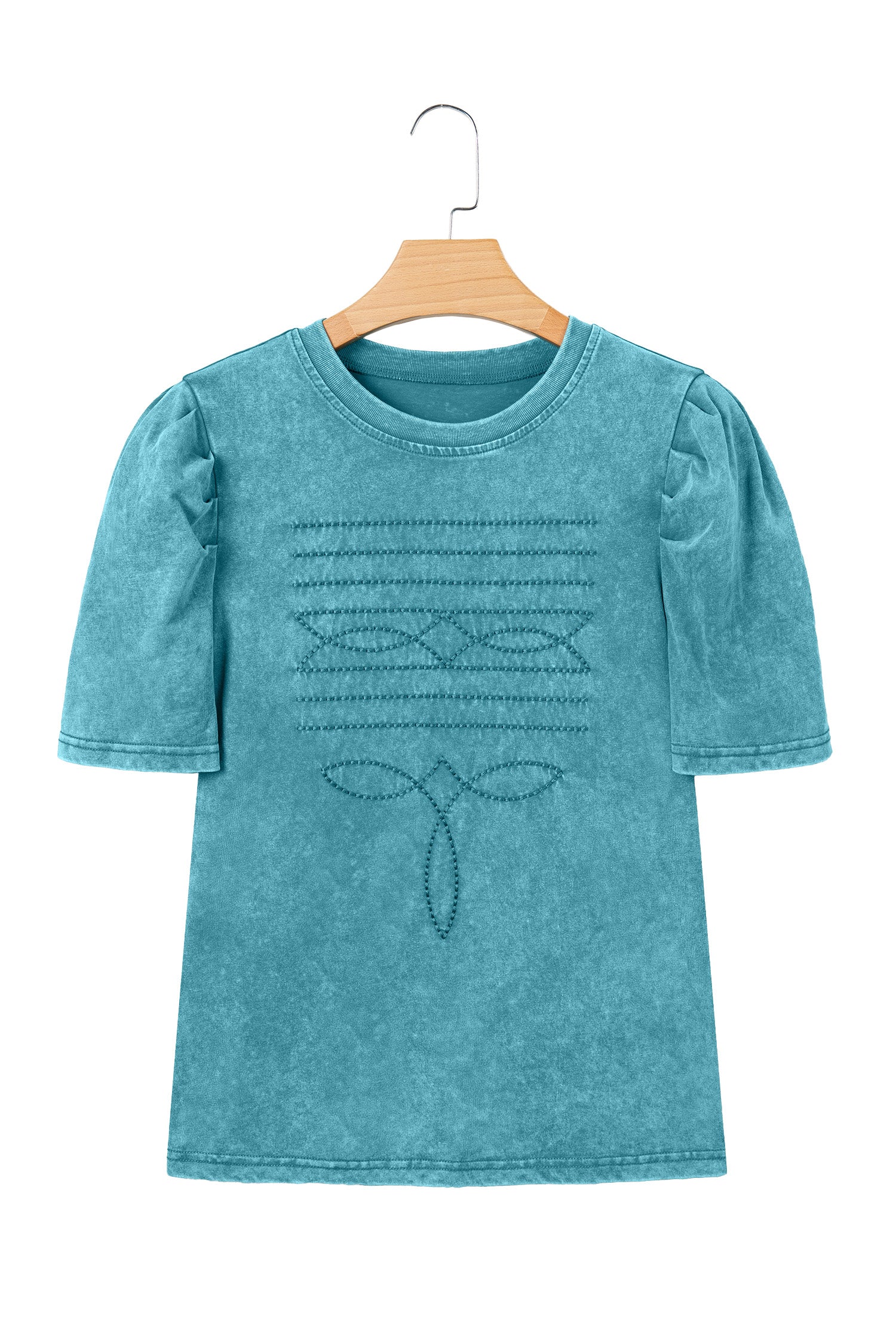 Turquoise Western Embroidered Cotton Tee – Mineral Wash Puff Sleeve Cowboy Top Dear-Lover Dropshipping Tops/Tops & Tees