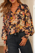 Black Floral V Neck Long Puff Sleeve Breezy Blouse Black 100%Polyester Dear-Lover Dropshipping Tops/Blouses & Shirts