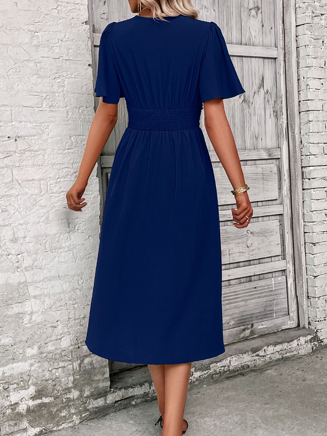 Classy Navy Surplice Flutter Sleeve Midi Dress