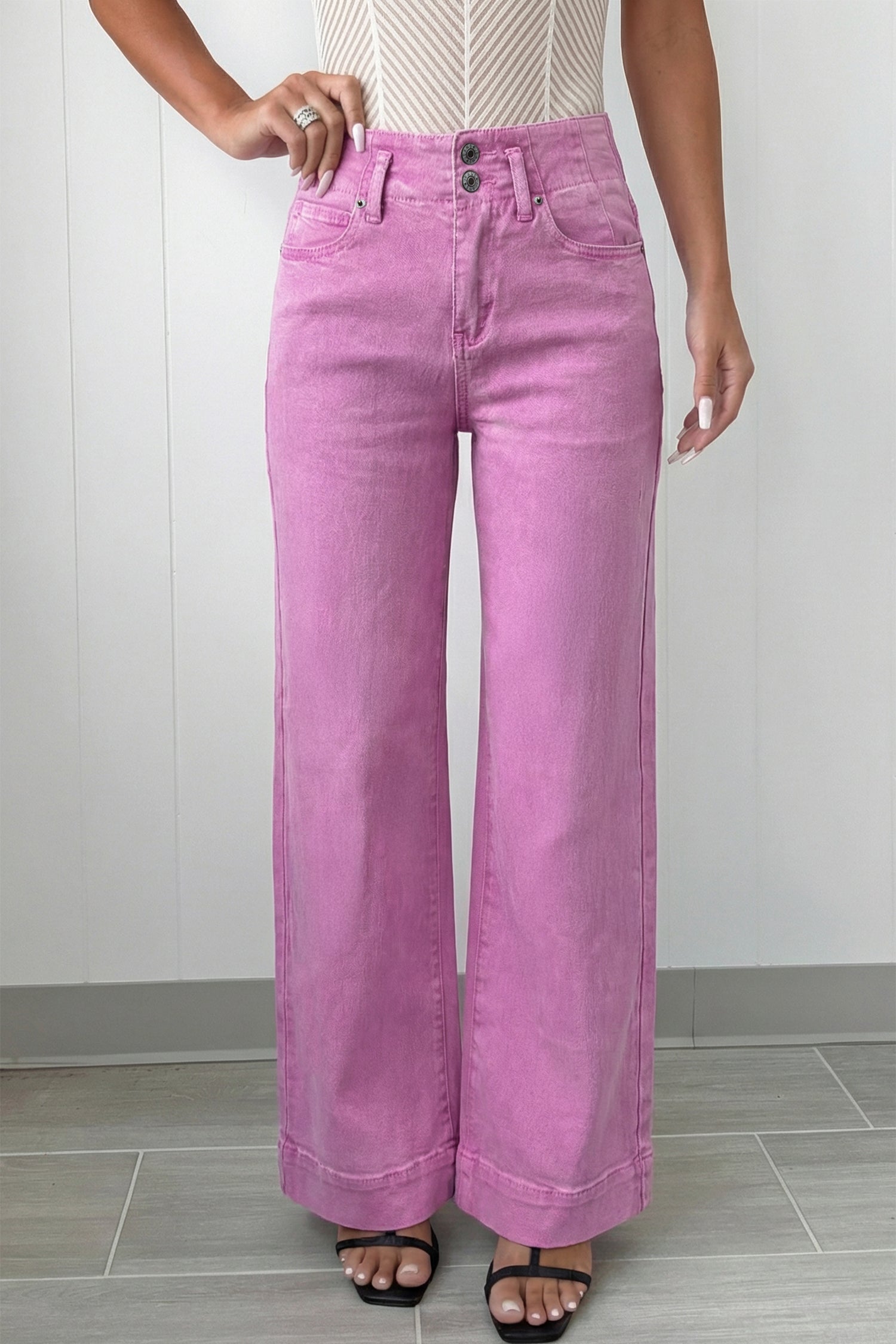 2-Button High Waist Flared Bottom Jeans Bonbon 65%Cotton+33%Polyester+2%Elastane Bazaare Mart Bottoms/Jeans