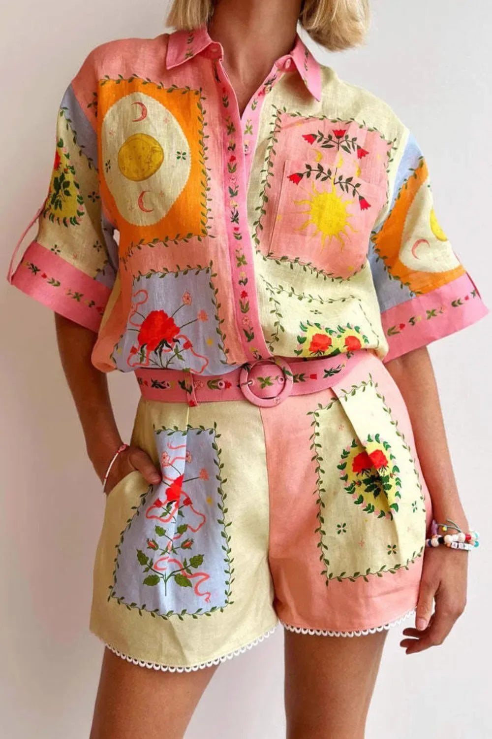 Printed Short Sleeve Shirt and Shorts Set Floral Trendsi Short Sleeve Shirt and Shorts Set