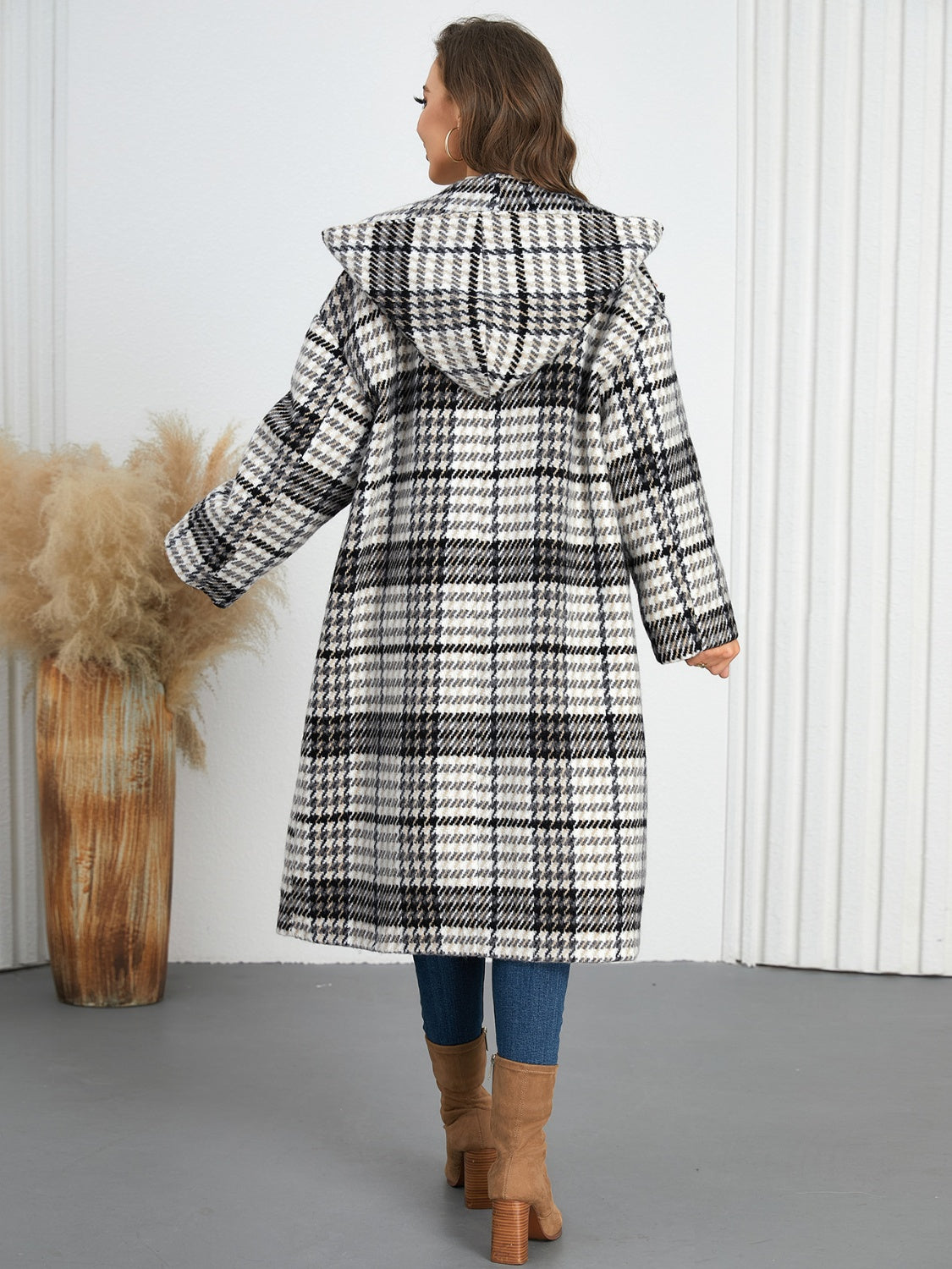 Plaid Double-Breasted Hooded Dress Coat