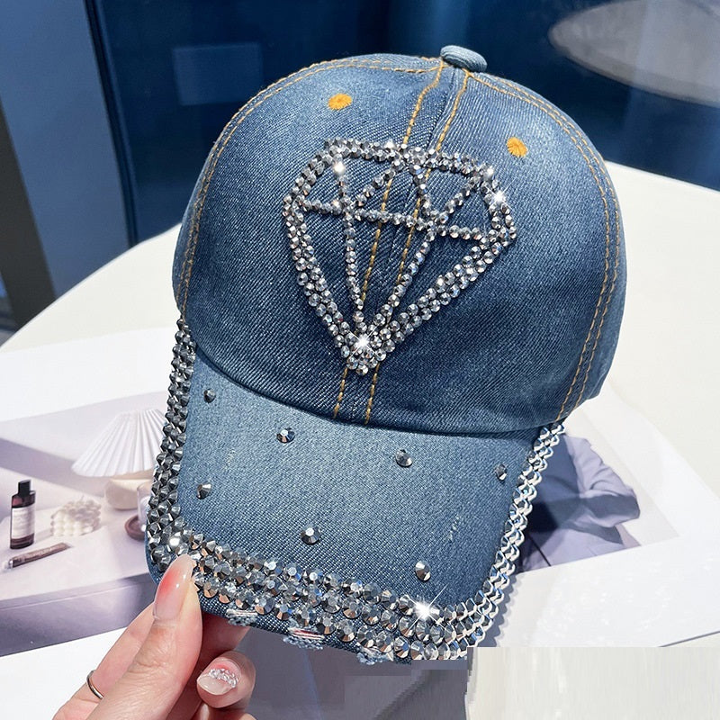 Distressed Denim Rhinestone Diamond Baseball Cap 