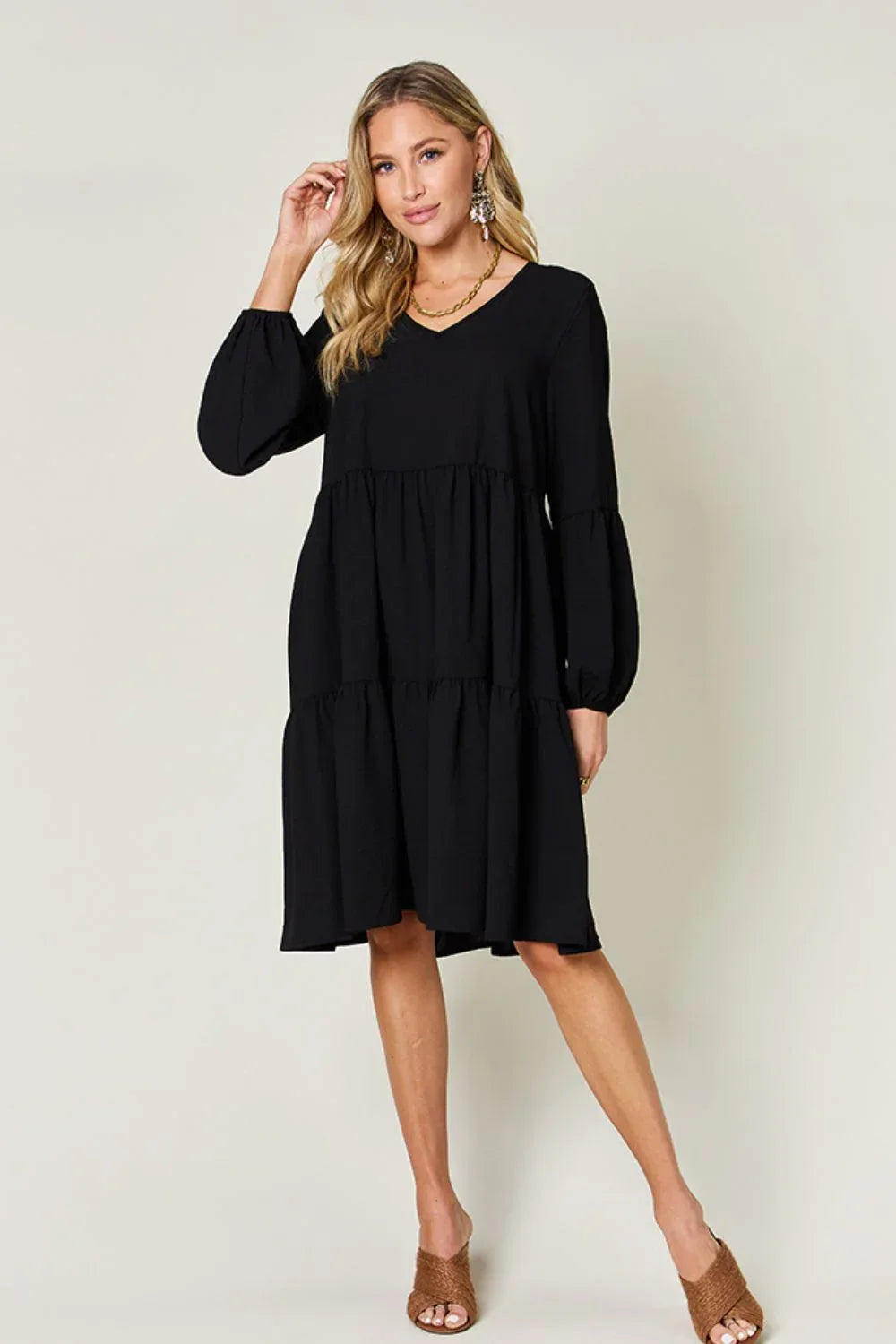 Solid V-Neck Long Balloon Sleeve Tiered Dress Bazaare Mart Long Sleeve Layered Dress