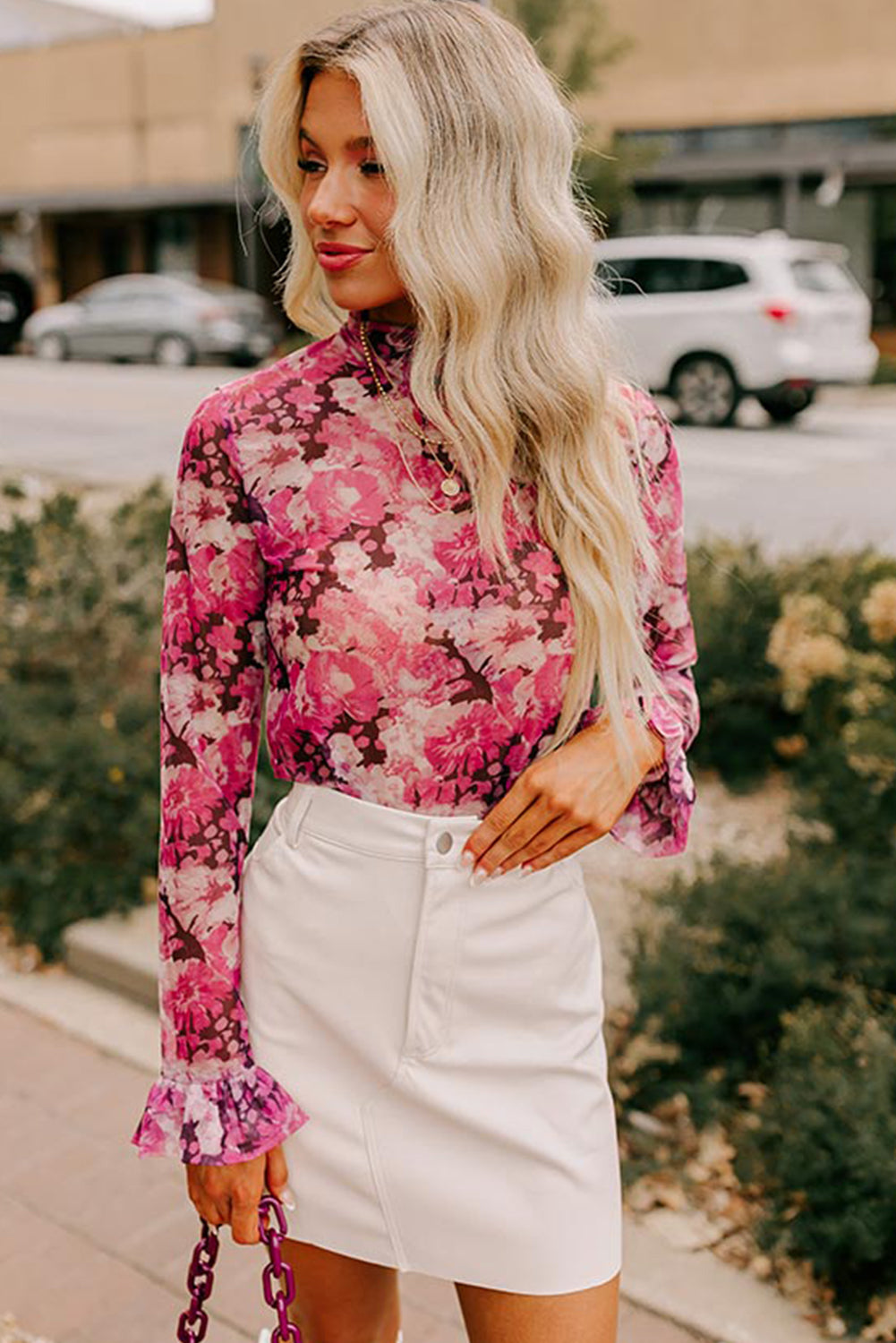 Floral Mesh Ruffle Sleeve Mock Neck Blouse