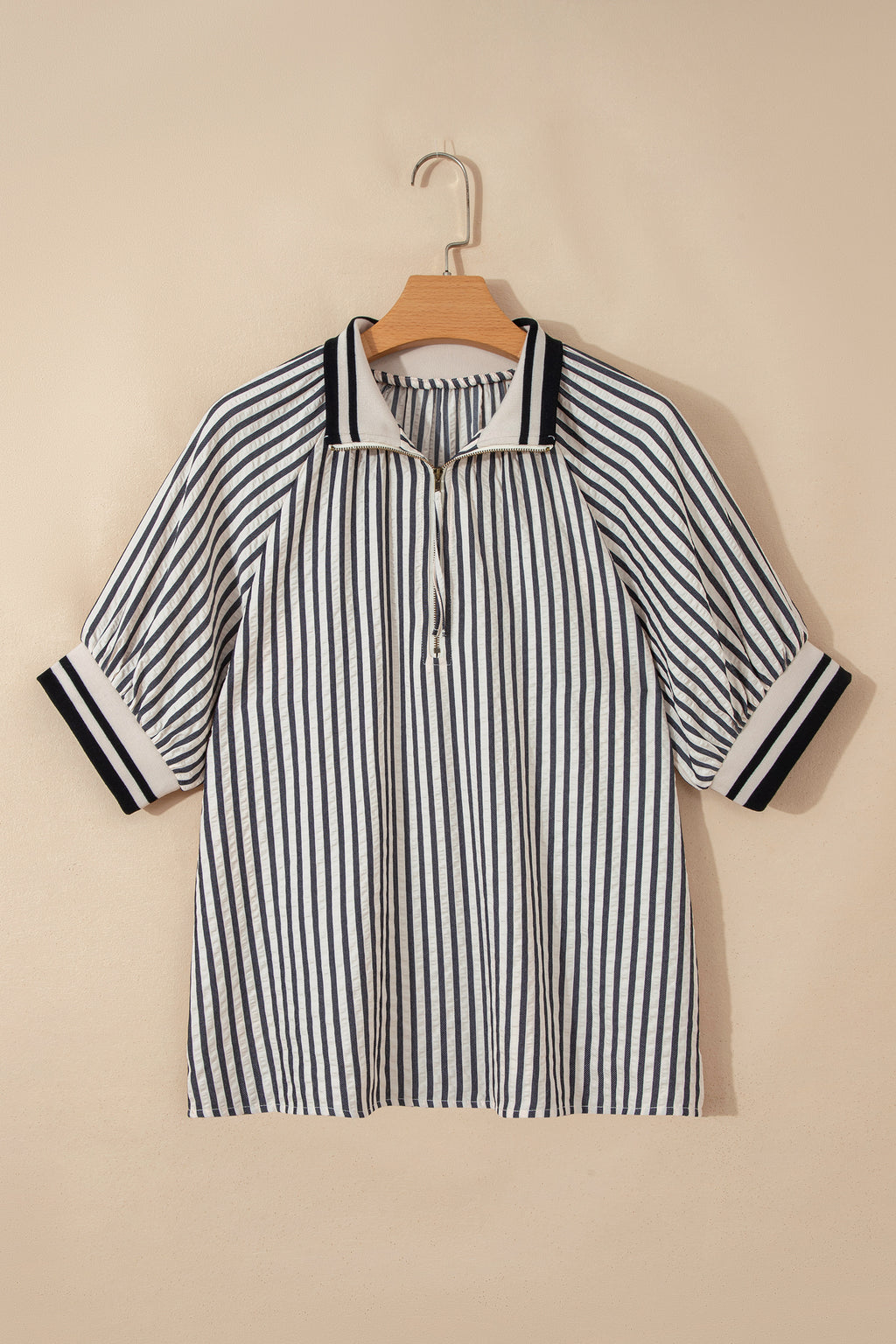 B&W Stripe Polo Collar Half Zip Short Puff Sleeve Blouse Bazaare Mart Tops/Blouses & Shirts