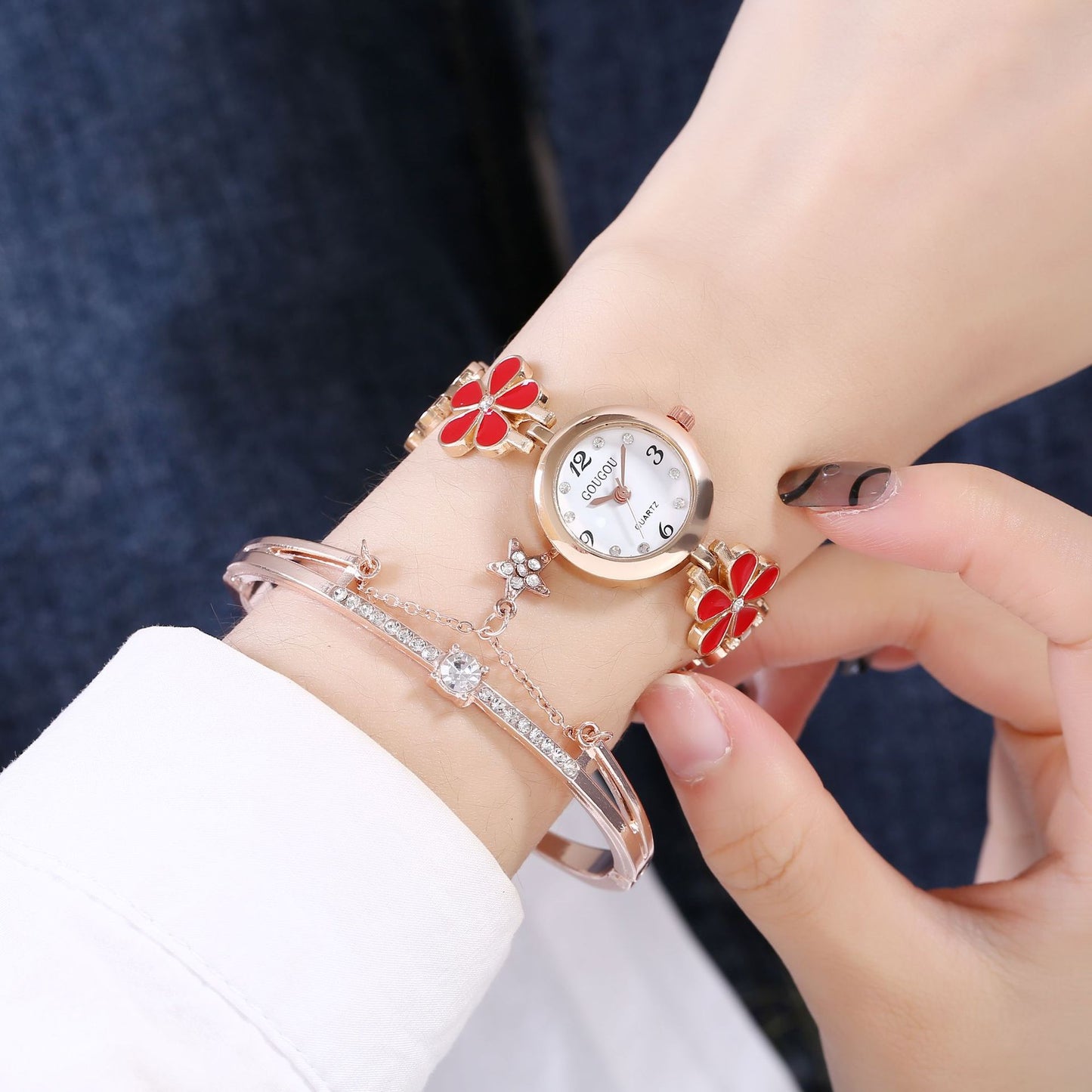 Ladies Flower Quartz Watch Bracelet Set