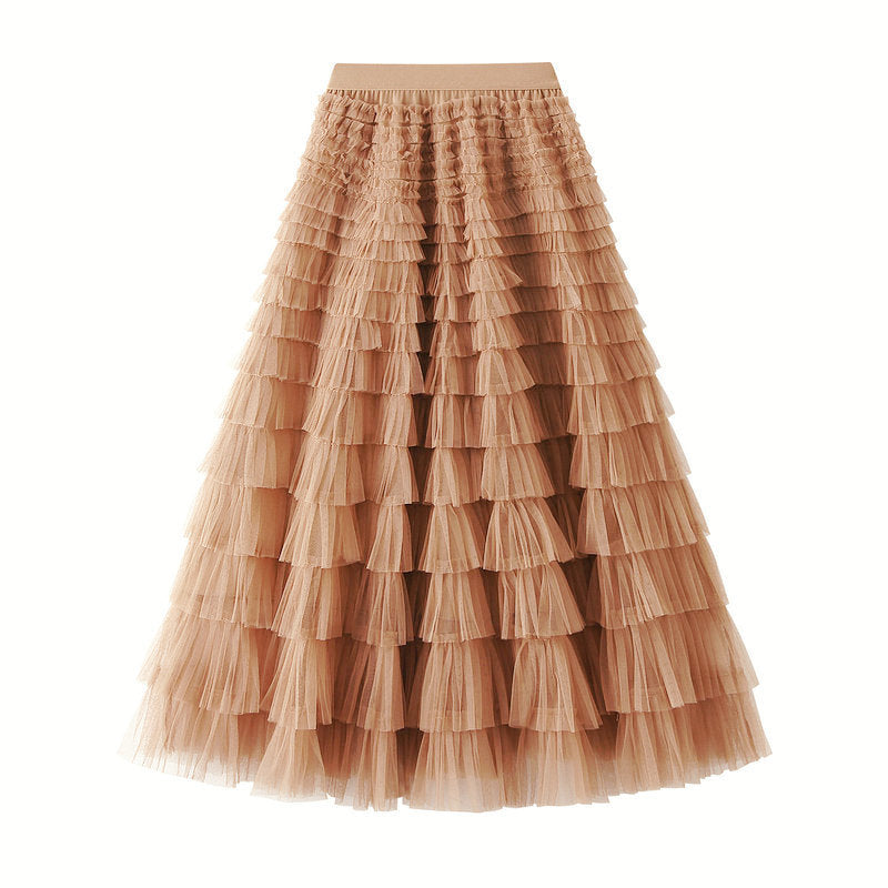 Mesh Ruffle Midi Skirt