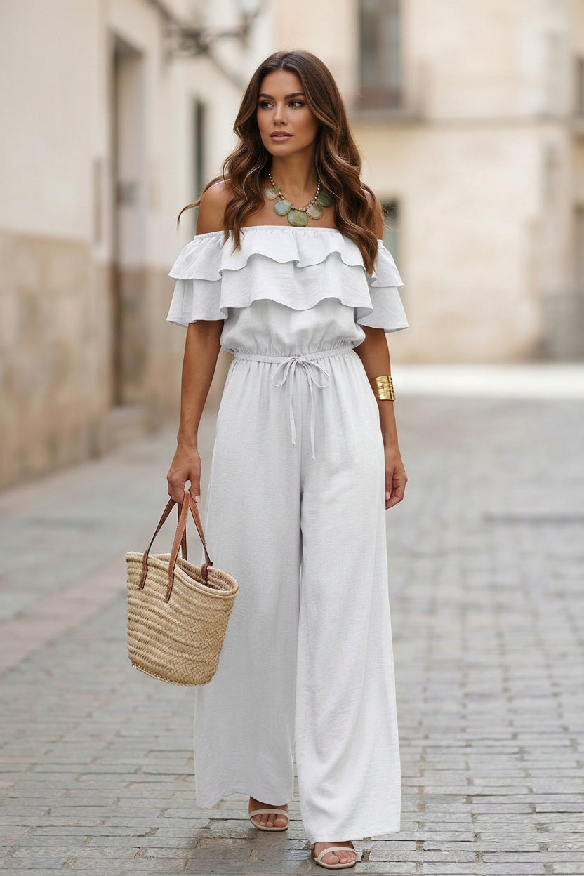 Women’s Ruffled Off-Shoulder Cinched Waist Wide Leg Jumpsuit White CJ Dropshipping Ruffle Top Jumpsuit