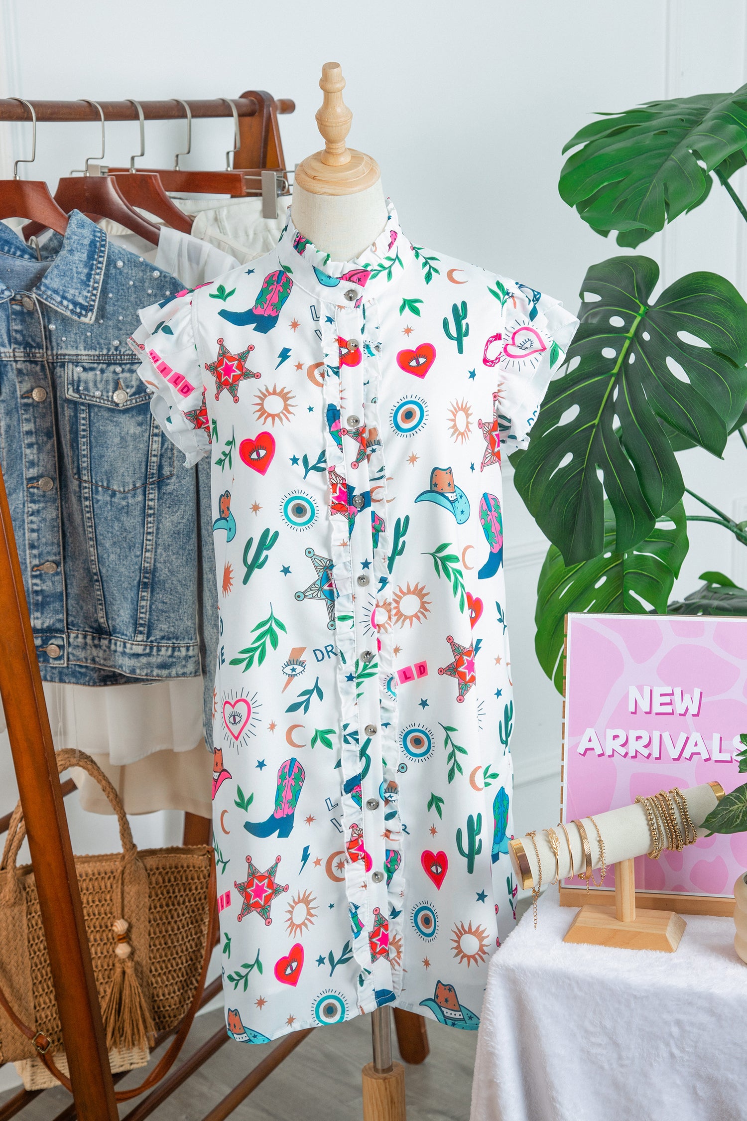 Western Print Flutter Sleeve Mini Dress – Button Down Boho Cowgirl Dress Dear-Lover Dropshipping Dresses/Mini Dresses