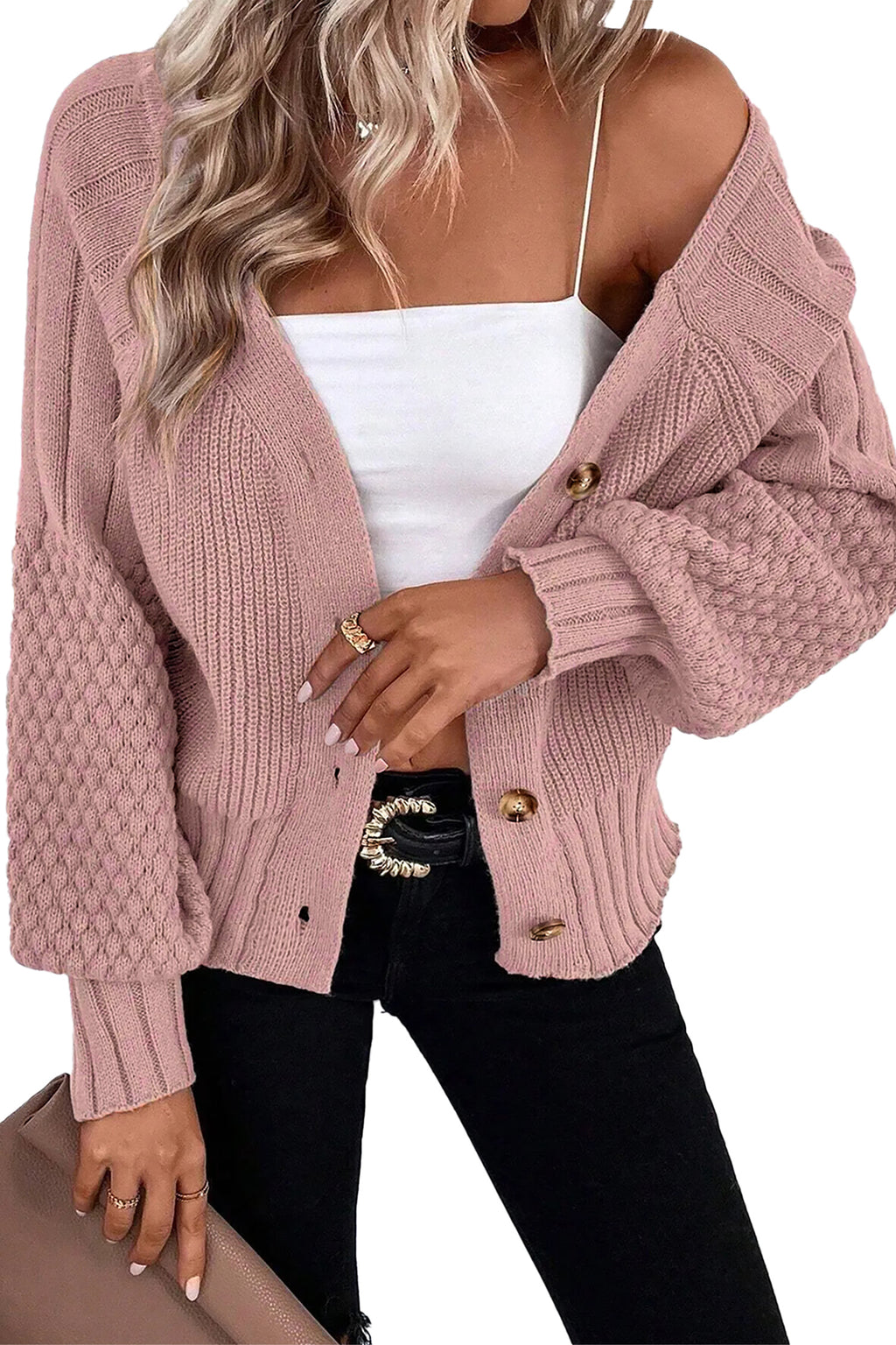 Mixed Texture Knit Button V Neck Cardigan Bazaare Mart Sweaters & Cardigans/Cardigans