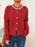 Retro Pearl Detail Button-Front Cardigan Red One Size Bazaare Mart Pearl Embellished Cardigan