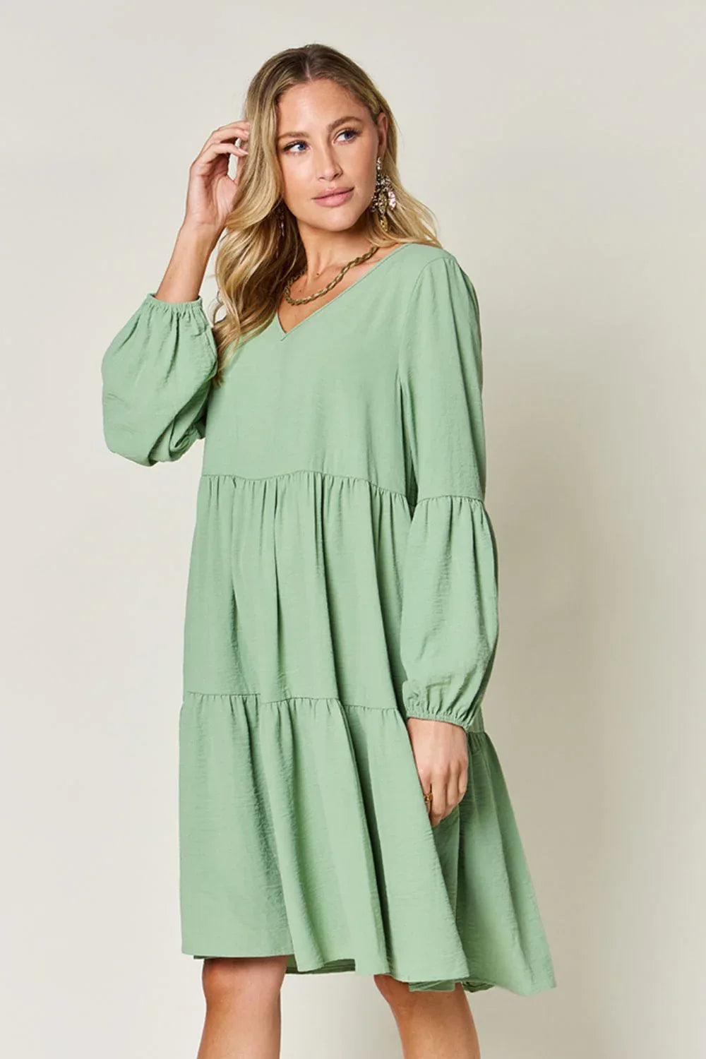 Solid V-Neck Long Balloon Sleeve Tiered Dress Bazaare Mart Long Sleeve Layered Dress