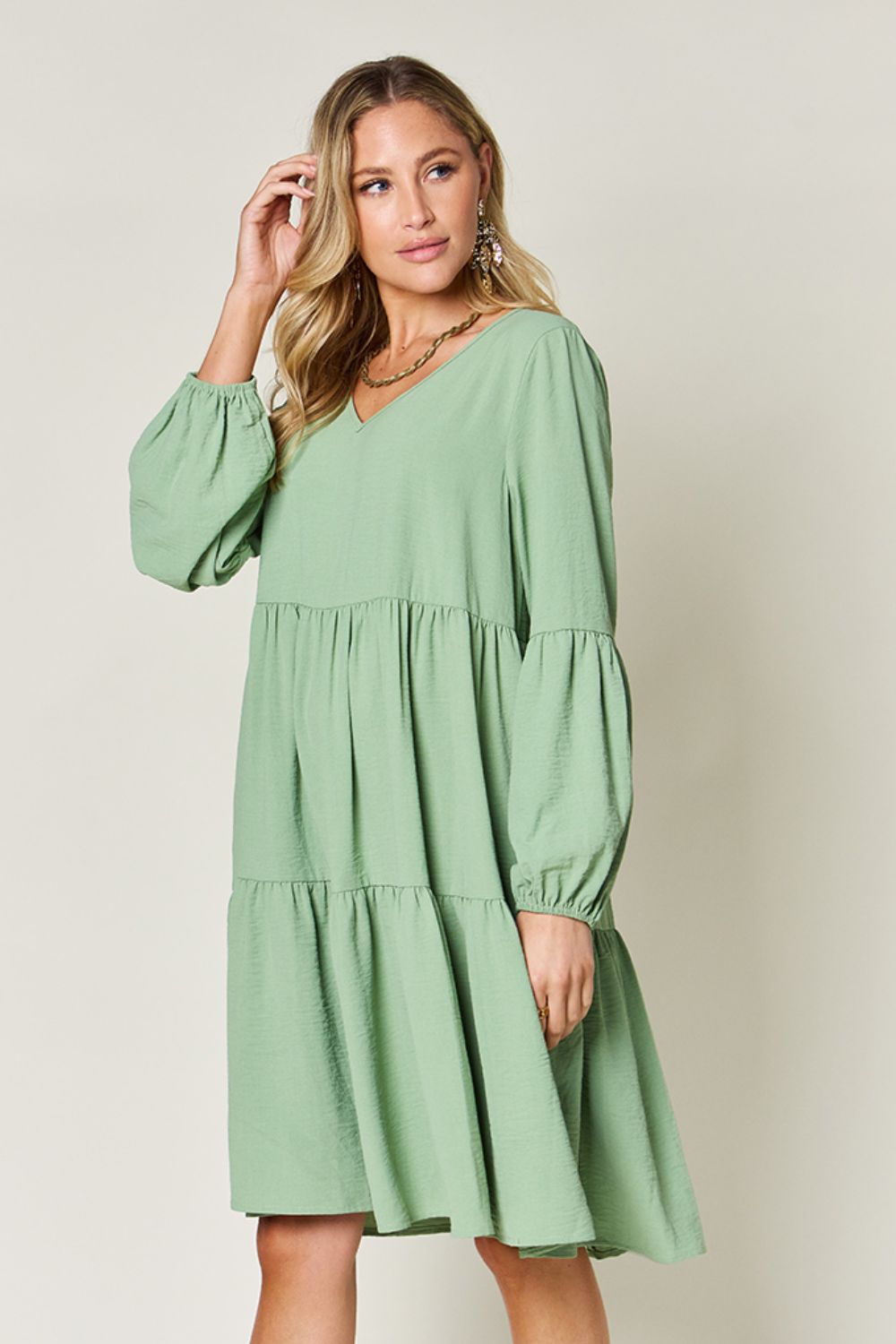 Trendy V-Neck Long Balloon Sleeve Tiered Dress