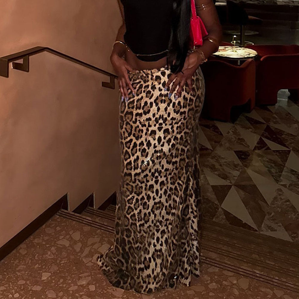 Leopard Print Sequin Maxi Skirt
