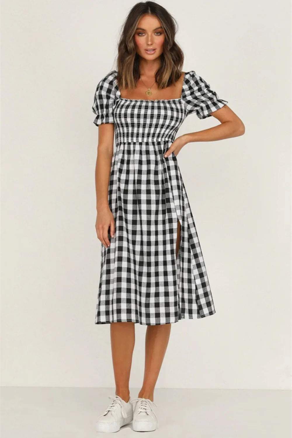 Plaid Short Sleeve Midi Dress Black Trendsi Plaid Short Sleeve Midi Dress