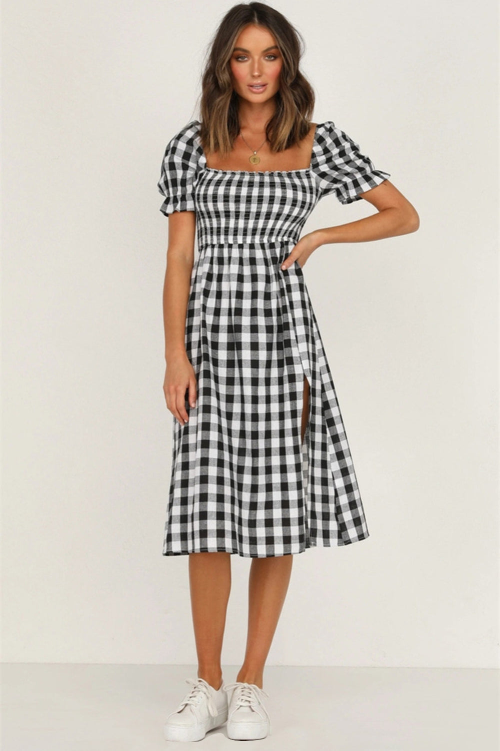 B&W Plaid Short Sleeve Midi Dress