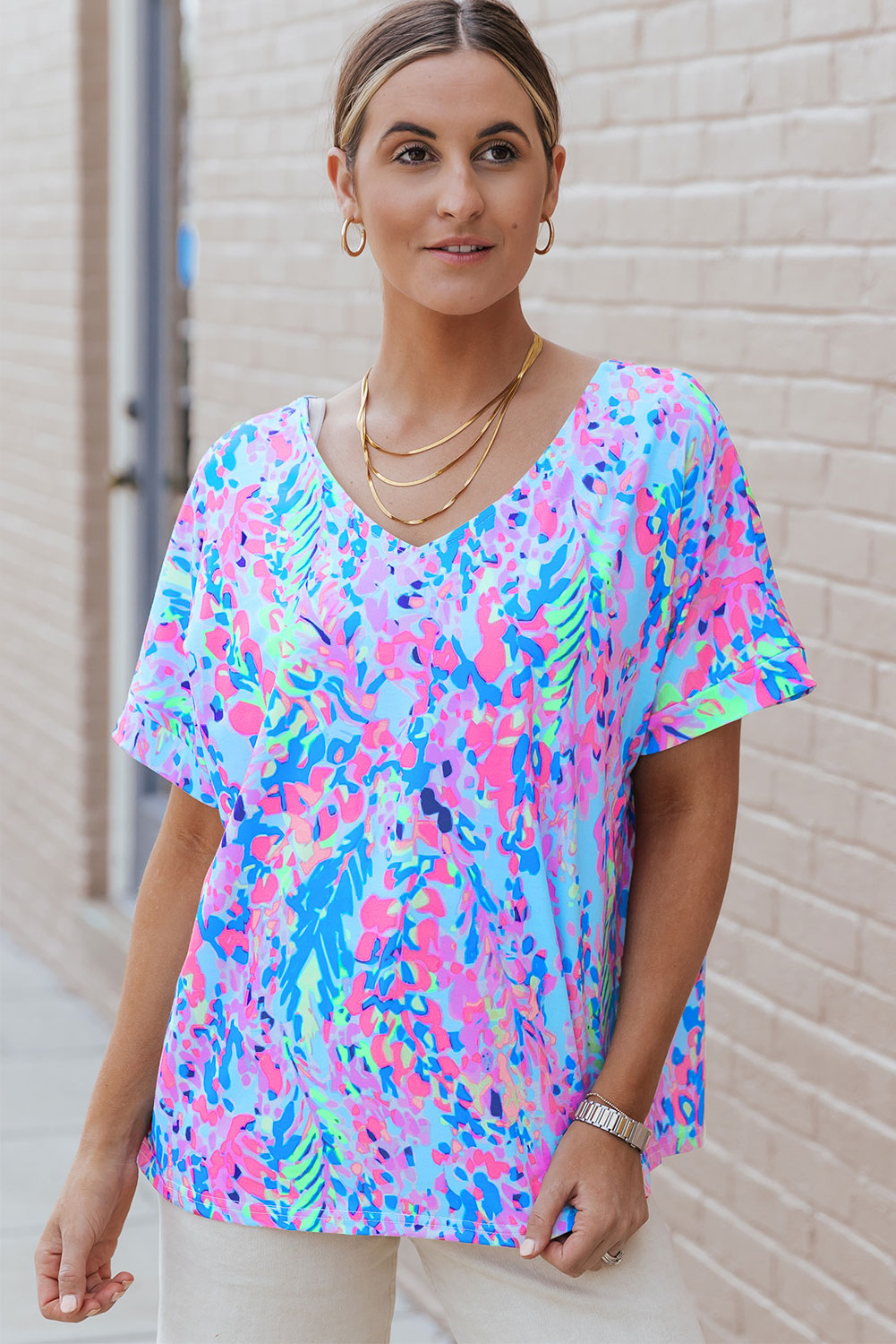 Multicolor Printed 3/4 Sleeve Split Neck Plus Size Tunic Top