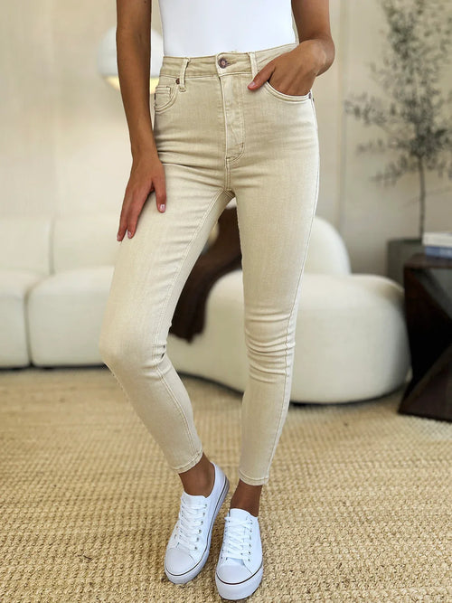 Beige Tummy Control Skinny Jeans BONE Bazaare Mart Tummy Control Pants