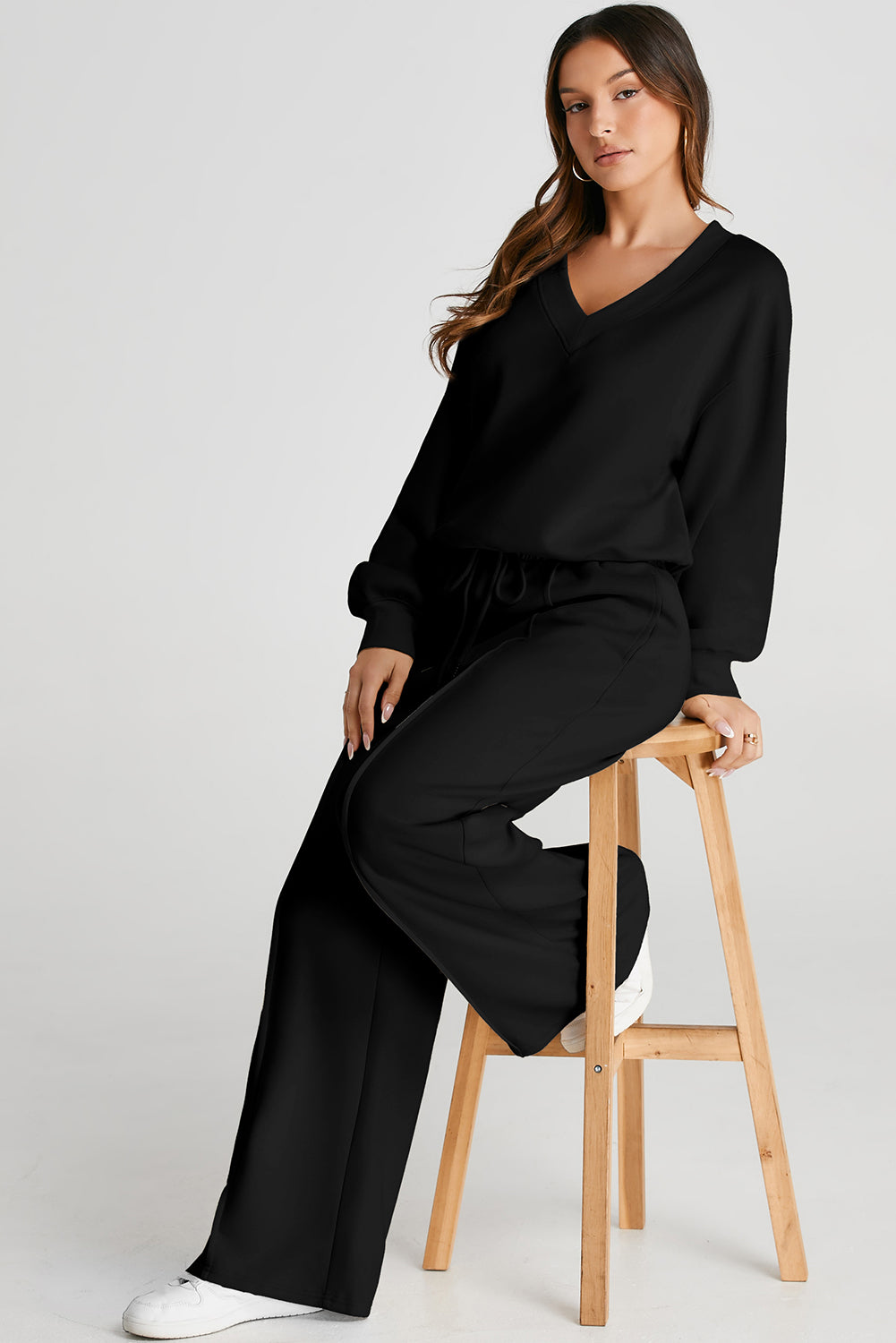 Black V Neck High Waist Pants Set