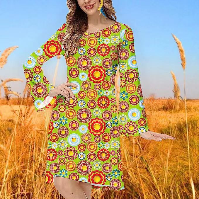 Retro Hippie Bell Sleeve Mini Dress – Boho Geometric Print High Waist Dress Vintage Skirt 11 CJ Dropshipping Retro Hippie Dress