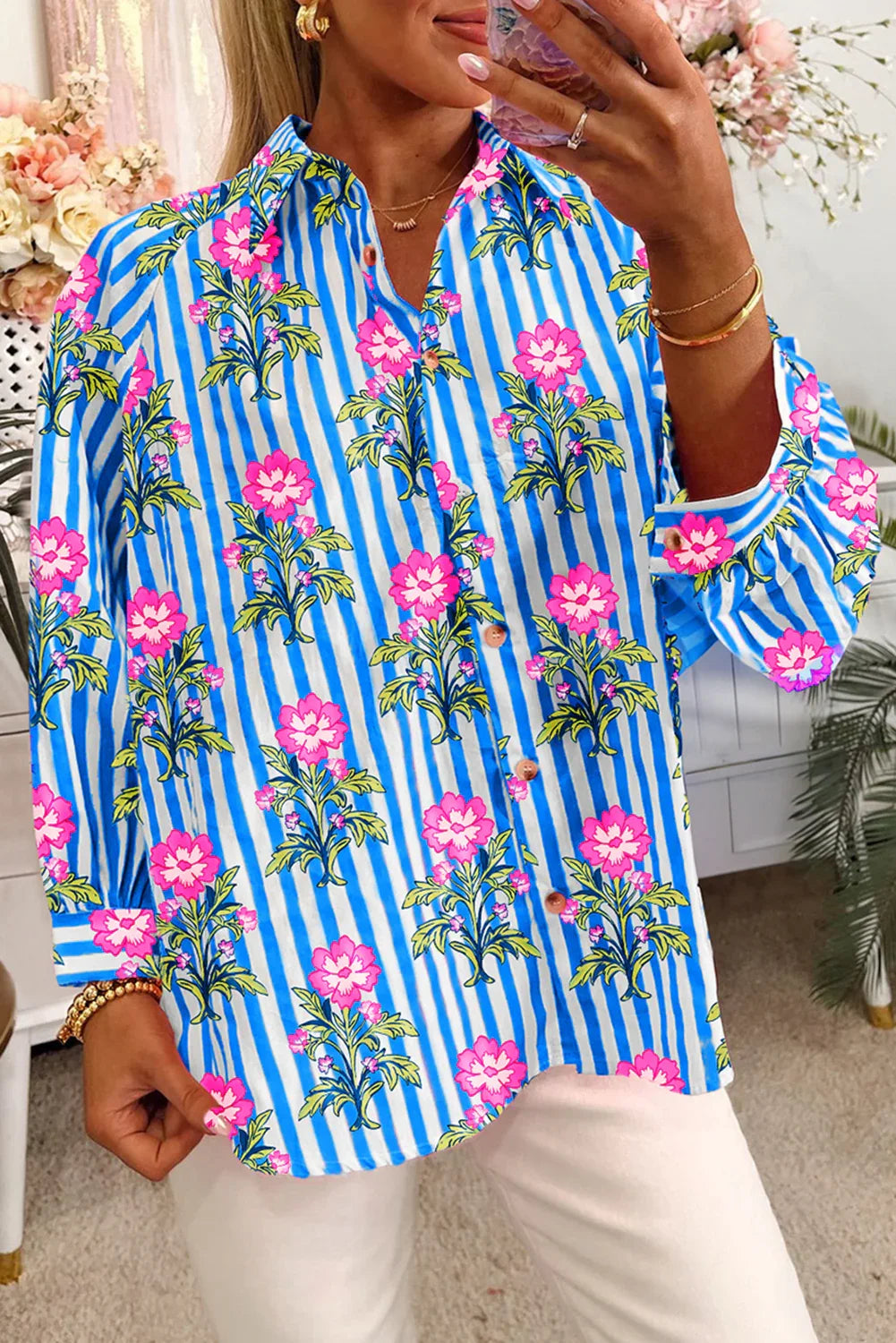 Blue Striped Floral Print Buttoned Cuffs Loose Fit Shirt Blue 100%Polyester Bazaare Mart Tops/Blouses & Shirts