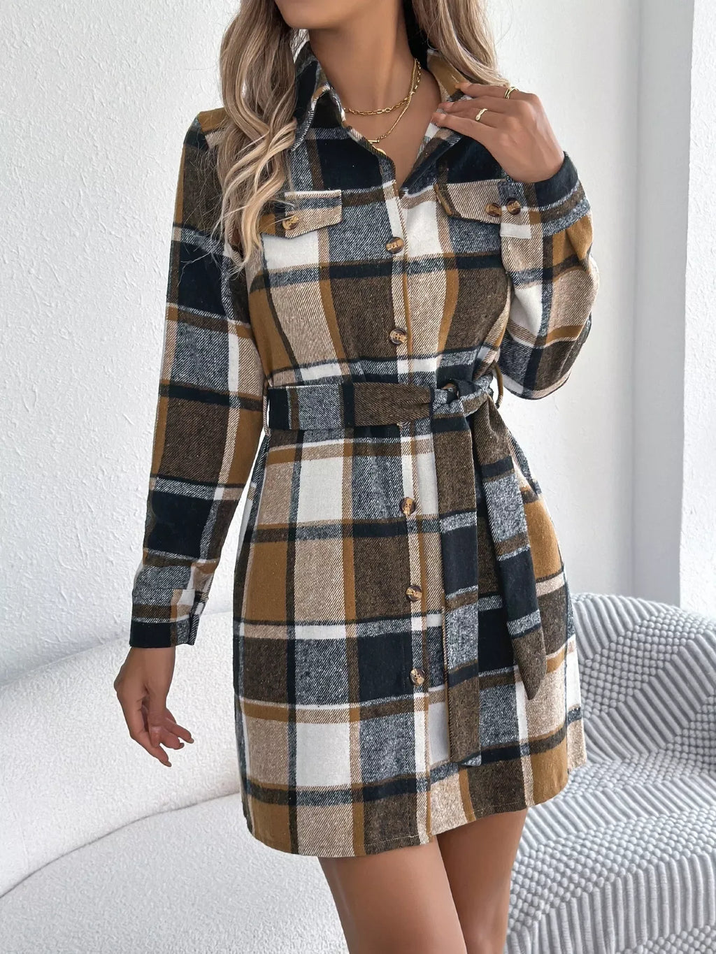 Plaid Button Front Tie Waist Mini Shirt Dress Bazaare Mart Plaid Long Sleeve Shirt Dress