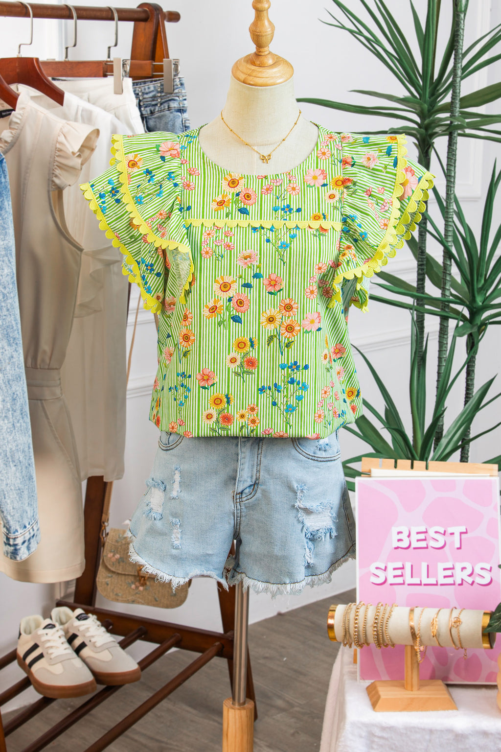 Green Stripe Floral Printed Scalloped Detail Flutter Short Sleeve Blouse