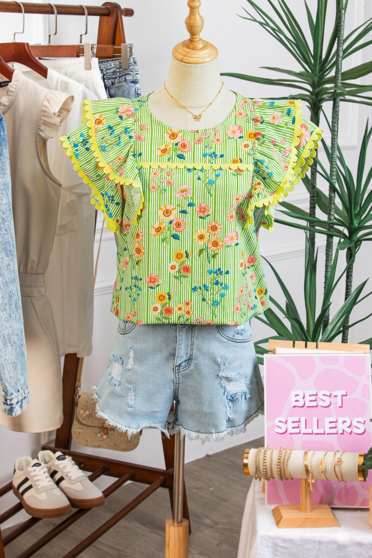 Green Stripe Floral Printed Scalloped Detail Flutter Short Sleeve Blouse