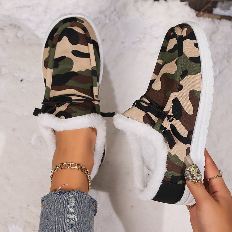 Green Camouflage Round Toe Fur Lined Slip On Shoes