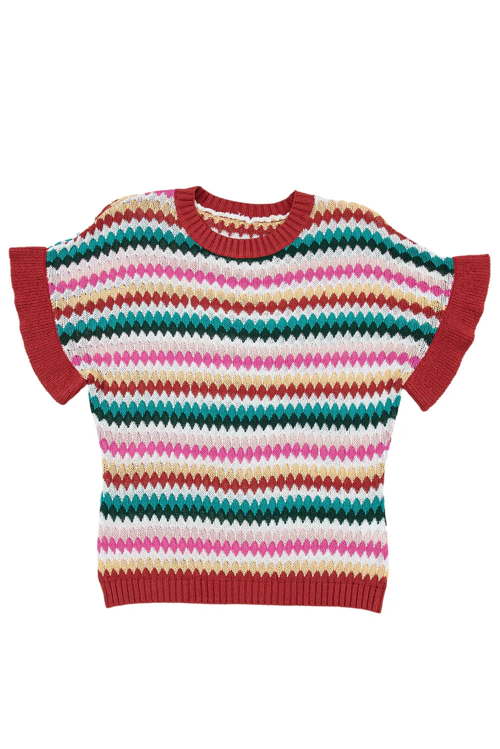 Fiery Red Trimmed Ruffle Sleeve Colorful Textured Sweater Dear-Lover Dropshipping Sweaters & Cardigans/Short Sleeve Sweaters