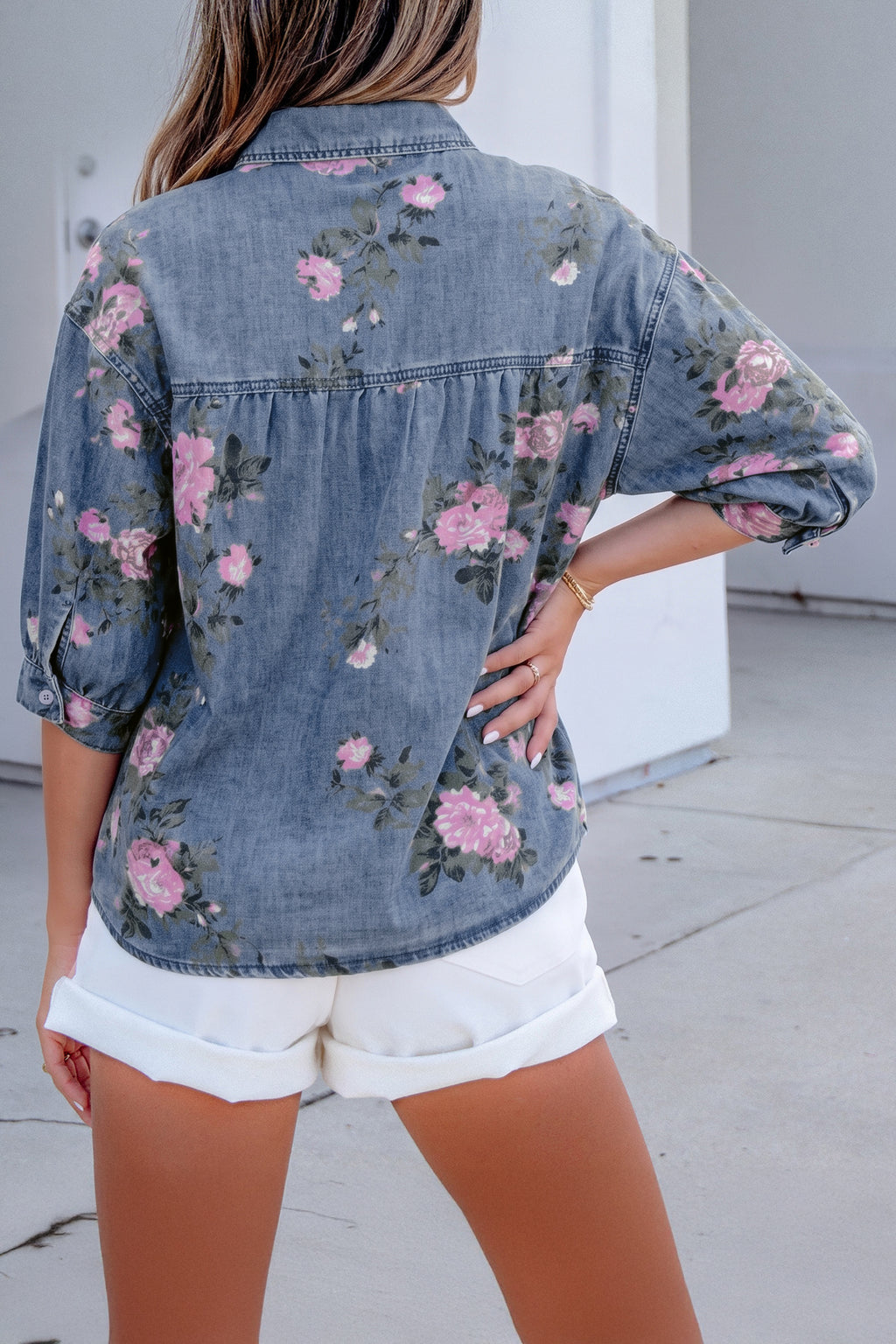 Blue Floral Denim Shirt – Bracelet Sleeve Lightweight Button Up Blouse