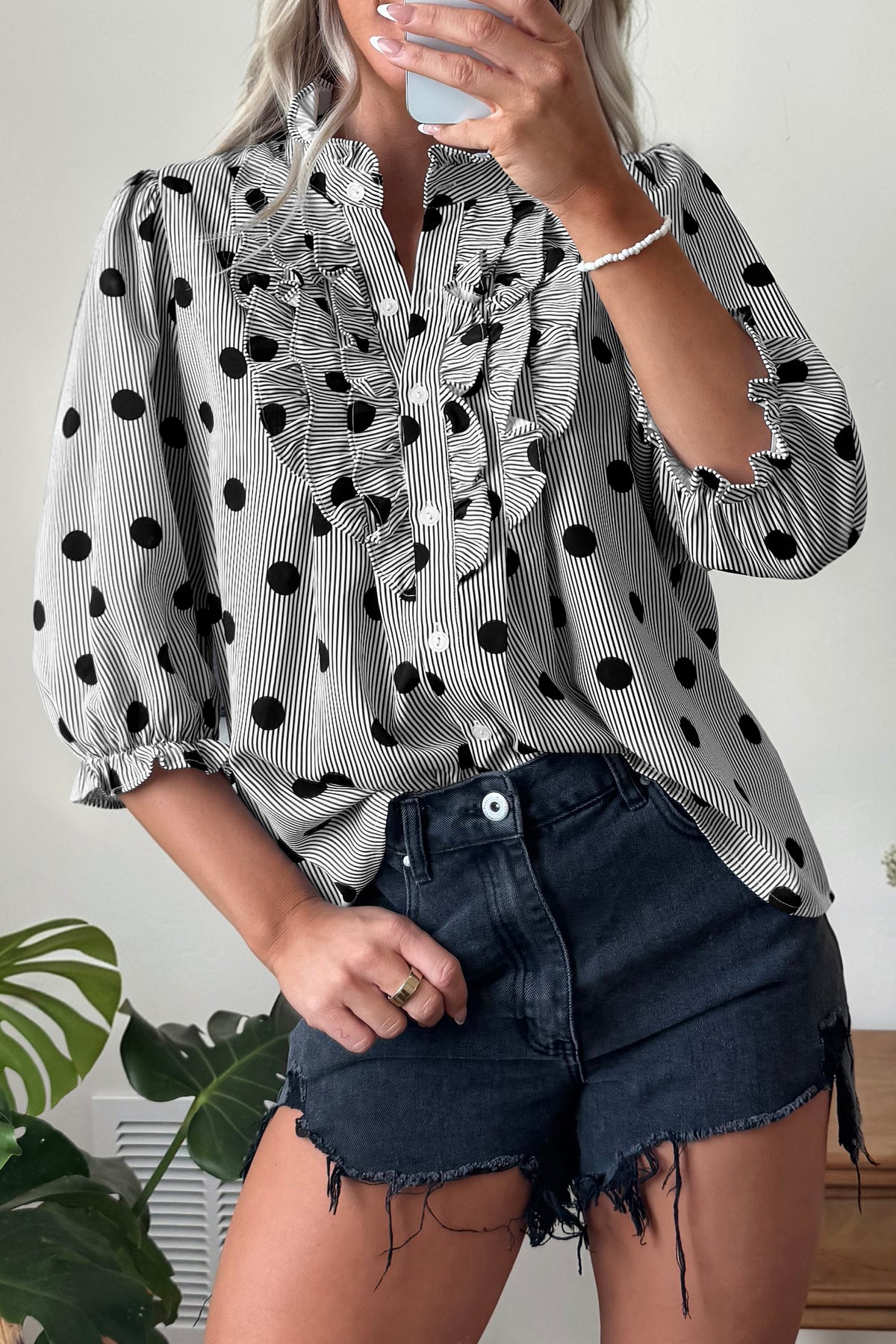 Polka Dot Striped Print Ruffle Stand Up Neck 3/4 Sleeve Shift Shirt