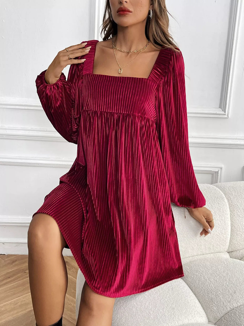 Textured Velvet Square Neck Long Sleeve Dress Bazaare Mart Long Sleeve Square Neck Velvet Dress