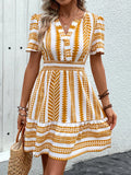 Gold Geometric Notched Short Sleeve Mini Dress Mustard Trendsi Gold Stripe Short Sleeve Dress