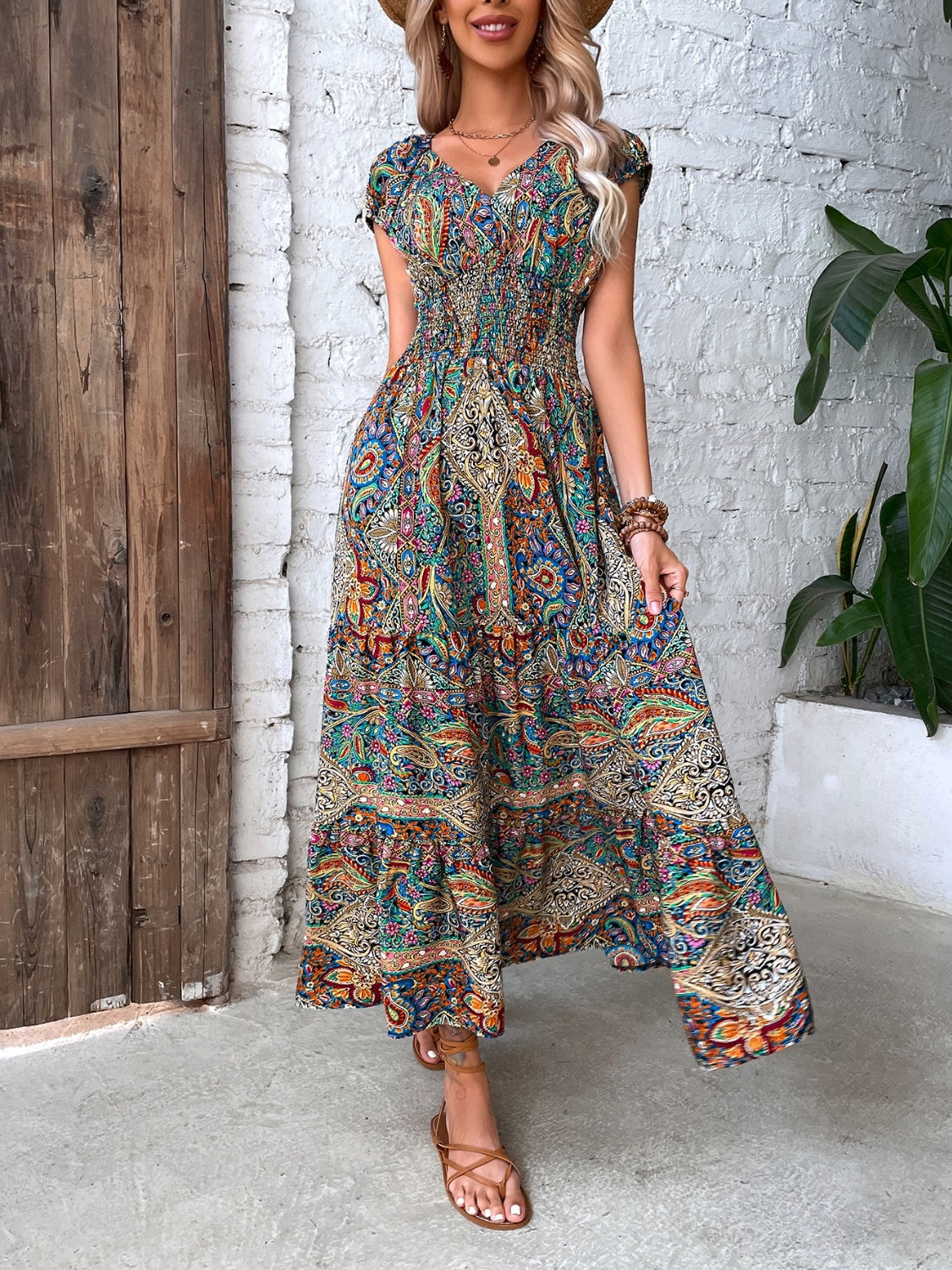 Smocked Printed Cap Sleeve V-Neck Midi Dress