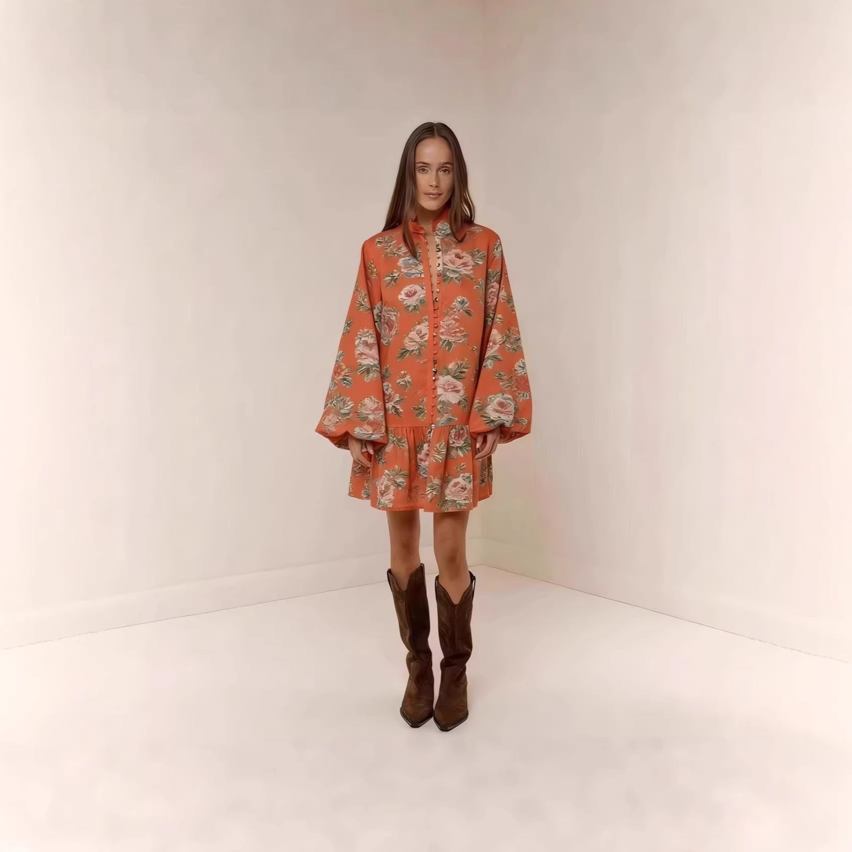Floral Print Lantern Sleeve Mini Dress CJ Dropshipping Floral Long Sleeve Mini Dress