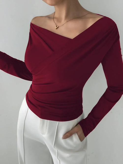 Asymmetrical Long Sleeve Blouse Wine Red Trendsi Asymmetrical Long Sleeve Blouse