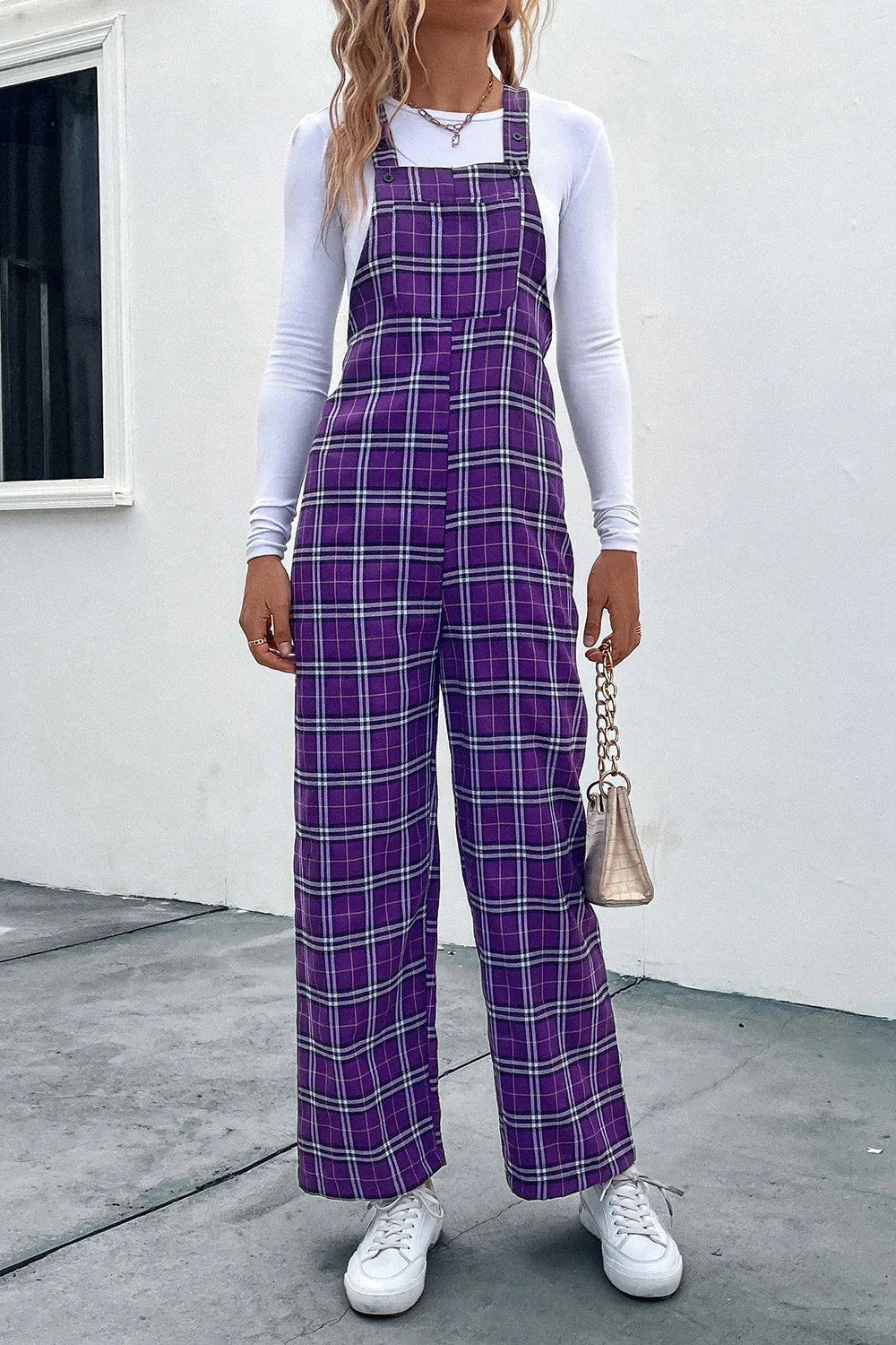 Perfee Plaid Straight Leg Overalls Vivid Violet Bazaare Mart Purple Overalls