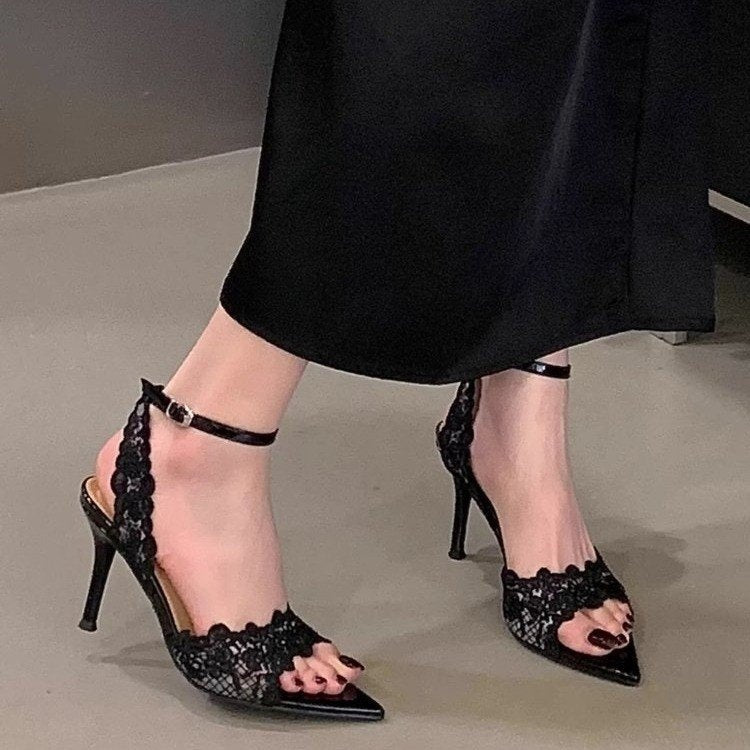 Women’s Lace Stiletto Heel Sandals – Pointed Open Toe Black CJ Dropshipping Lace High Heel Sandals