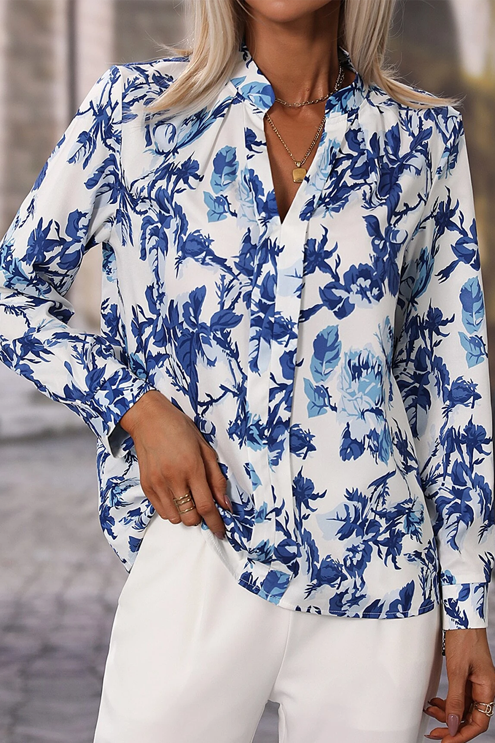 Blue Floral Notched Neck Elegant Blouse