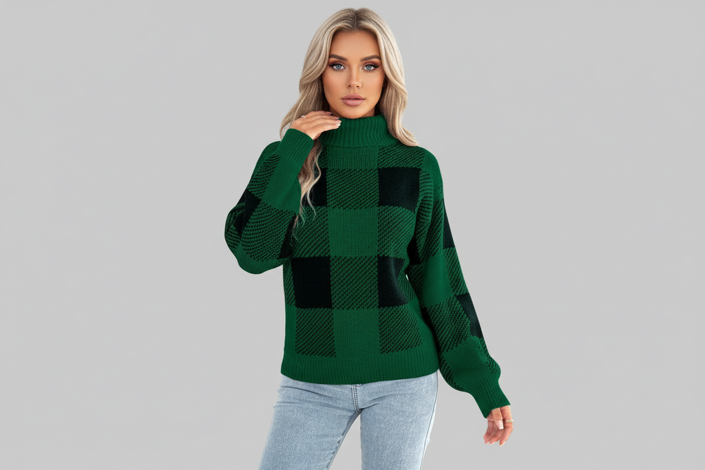 Plaid Long Sleeve Turtleneck Sweater Bazarre Mart Christmas Plaid Long Sleeve Turtleneck