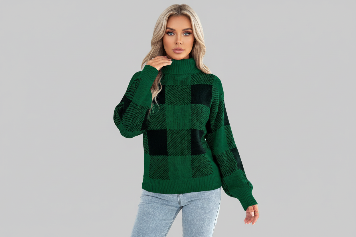Plaid Long Sleeve Turtleneck Sweater Bazarre Mart Christmas Plaid Long Sleeve Turtleneck