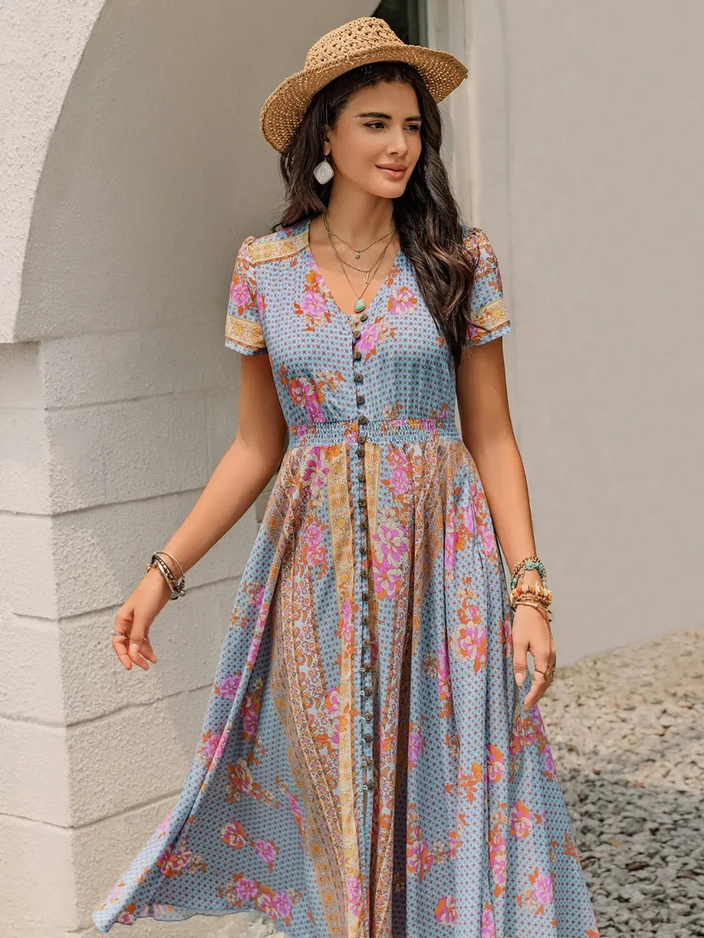 Smocked Floral V-Neck Short Sleeve Midi Dress Bazaare Mart Smocked Floral V-Neck Short Sleeve Midi Dress