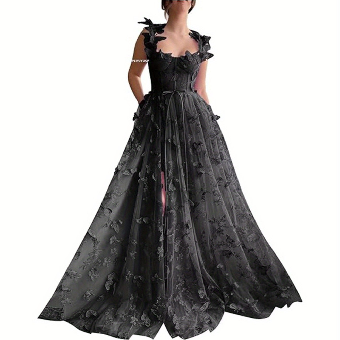 Elegant Long Sheer Flowy Floral & Butterfly Lace Gown